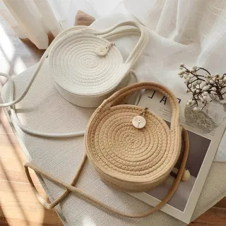 Bolsa redonda de praia feminina em algodão - alça de mão e transversal - Bege