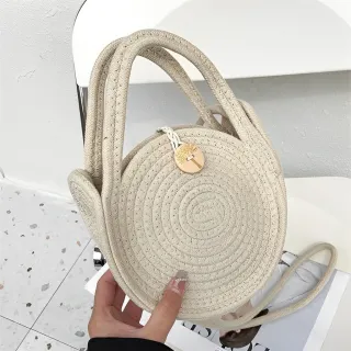 Bolsa redonda de praia feminina em algodão - alça de mão e transversal - Bege