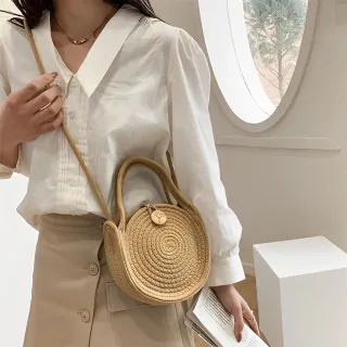 Bolsa redonda de praia feminina em algodão - alça de mão e transversal