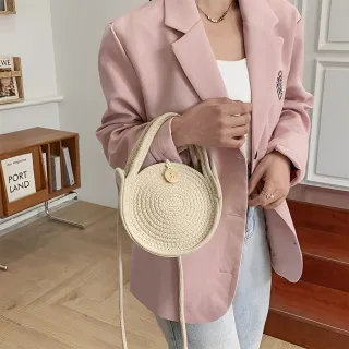 Bolsa redonda de praia feminina em algodão - alça de mão e transversal - Bege