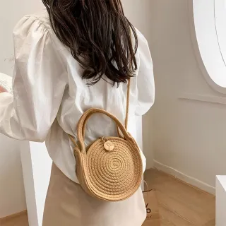 Bolsa redonda de praia feminina em algodão - alça de mão e transversal - Bege