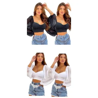 Manga Longa Bufante Cropped Top Suplex Tule Preto Branco Julliete - Branco
