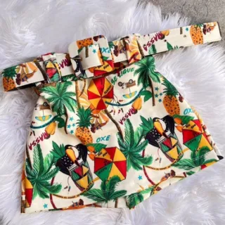 Saia estampada curta em malha suplex com cinto removível - Amarelo