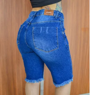 Moda Blogueira - Bermuda Jeans Feminina Premium, Verão, Bordado - Margarida