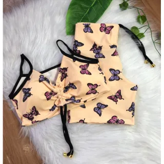 Conjunto short com cordinha e top com bojo para academia - Oncinha neon lateral