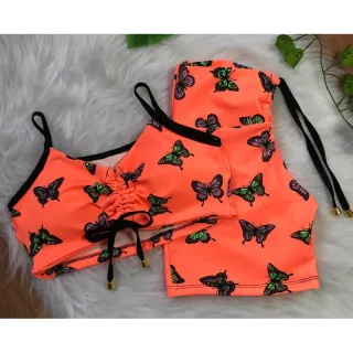 Conjunto de short com cordinha + top com bojo para academia - Neon alcinha