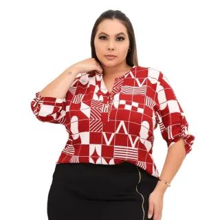 Camisa Social Feminina Estampada Plus Size Manga 3/4 - PRETO  COM BRANCO