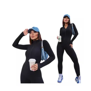 Macacão Premium Virgínia Moda Gringa Canelado Zíper Frontal - Preto