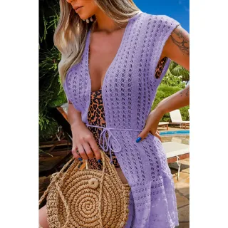 Elegante Manga Curta Babado Aberta Praia - Azul Claro