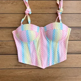 Corset com bojo floral onça amarrar no ombro, colorido e candy colors - 5-bolinha candy