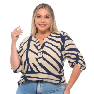 Camisa Social Feminina Estampada Plus Size Manga 3/4 - PRETO  COM BRANCO