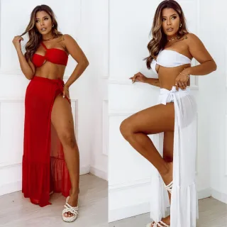 Saida de Praia Ajustavel + Conjunto Biquini Hotpant - Vermelho