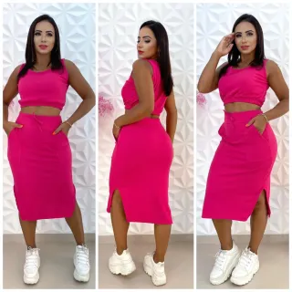 Tendência: Conjunto Saia Midi e Cropped, 2 Peças - Laranja