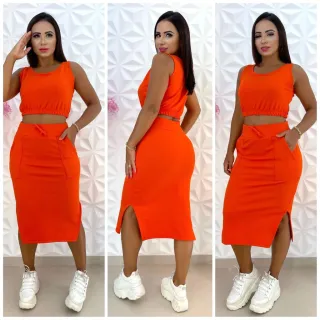 Tendência: Conjunto Saia Midi e Cropped, 2 Peças - Laranja
