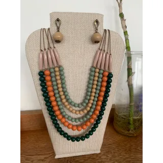 Moda Afro Feminino - Conjunto Triplo Colar Couro e Brincos Vintage Etnico - Mod 4