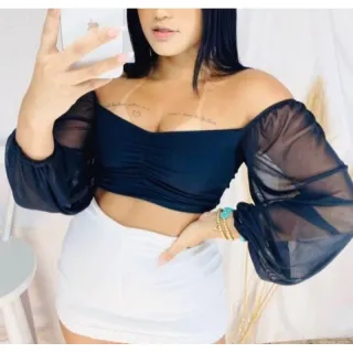 Manga Longa Bufante Cropped Top Suplex Tule Preto Branco Julliete - Branco
