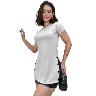 Blusa Manga Curta Feminina Veste Legging Canelada Botões - Verde Claro