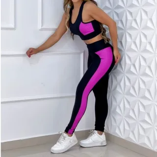 Roupa de Academia Feminina - Conjunto Fitness Top com Bojo + Calça Legging Cós Alto - Preto/Azul