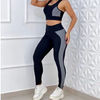 Roupa de Treino Feminina Conjunto Top com Bojo e Calça Legging Cintura Alta - Preto/Cinza