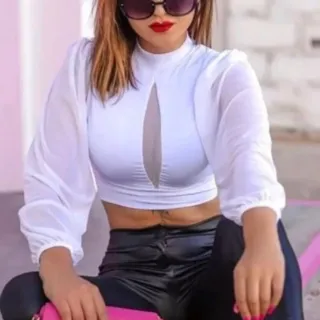 Manga Longa Lolly Liso Cropped Top com Degote V em Tule - Branco