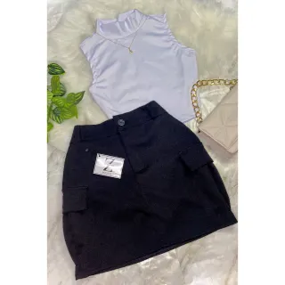 Saia curta de alfaiataria com bolsos laterais - Zillistyle - BEGE com cinto