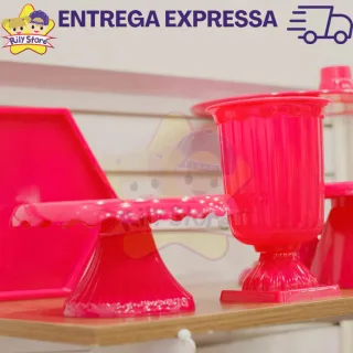 Elegante Kit de Boleira Cake Renda + Mesinhas + Vasos Grego + Bandejas - Vermelho