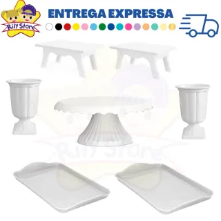 Elegante Kit de Boleira Cake Renda + Mesinhas + Vasos Grego + Bandejas