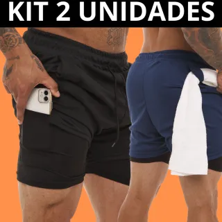 Proteção UV - KIT 2 Shorts Sport Fit Dry Fit Elastano Academia e Treino - 1 Azul 1 Branco