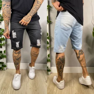 Bermuda Jeans Masculina Slim Premium Rasgada - Kit 3 Peças - kit 2，preto ，escuro