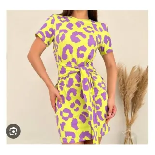 Amarração de lado - Vestido Curto Estampado Animal Print Feminino - Off / marrom e preto