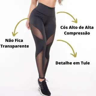 Moda feminina: Kit com 2 Calças Legging Fitness de Academia com Tule - Preto