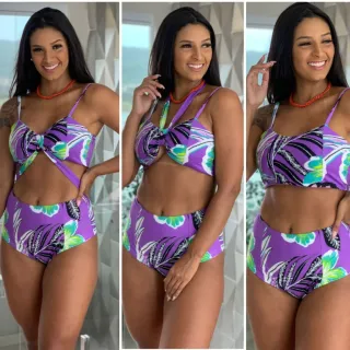 Biquíni feminino hot pants de laço cintura alta forrado e com bojo - unicórnio azul