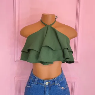 Cropped com babado e amarração no pescoço - 025 - Verde musgo