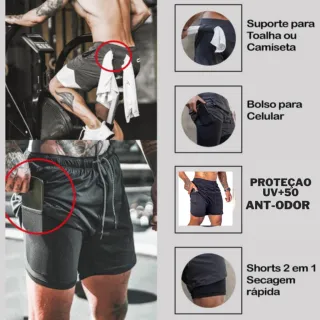 Sport Fit Shorts 2 em 1 Dry Fit com Proteção UV - Academia e Treino - Preto