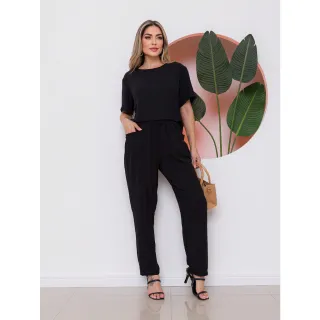 Cropped Manga Curta e Calça Elegante - Conjunto Feminino - Roxo