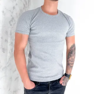 Estilo Americano Slim Camiseta Masculina Algodão Canelada - Cinza