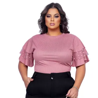 Blusa Plus Size Manga Curta Verão Tule Julia - Tamanho até 52 - BLUSINHA PLUS ROSE