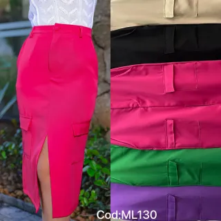 Saia com fenda na frente, midi cargo alfaiataria com bolsos laterais - Pink