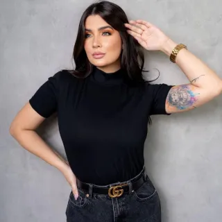 T-shirt Lisa Feminina Gola Alta Zara Basic 100% Algodão - Verde Militar