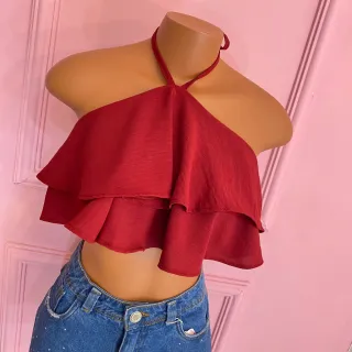 Cropped com babado e amarração no pescoço - 025 - Verde musgo