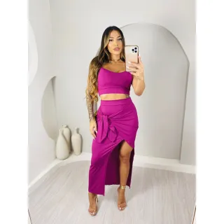 CROPEED COM BOJO E AMARRAÇÃO + CONJUNTO SAIA LONGA FENDA - LILAS COM LIMA