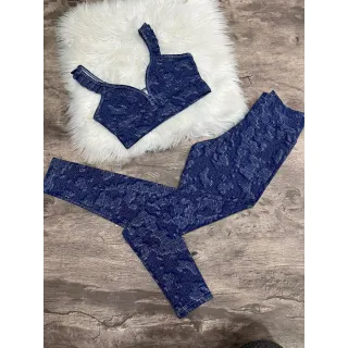 Calça Legging com Top Fitness Conjunto Babado - Preto