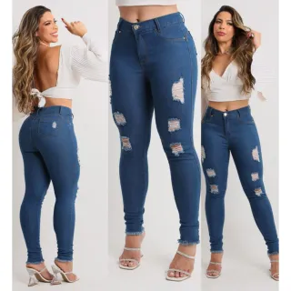 Calça Jeans Feminina Cintura Alta Levanta Bumbum Skinny Com Lycra - PRETO NAVALHADA JOELHO