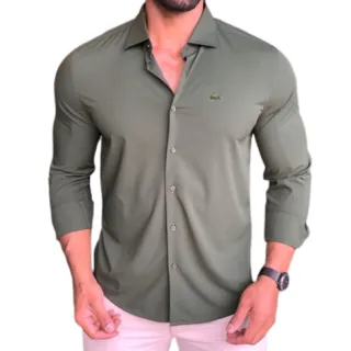 Manga Longa Camisa Social LACOS TE Verde Militar Regular Fit - P