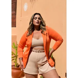 Casaco Blazer Feminino Plus Size em Neoprene - Modelagem Alongada - Rosa Barbie