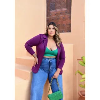 Casaco Blazer Feminino Plus Size em Neoprene - Modelagem Alongada - Rosa Barbie