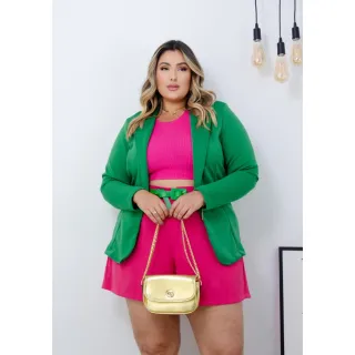 Casaco Blazer Feminino Plus Size em Neoprene - Modelagem Alongada - Rosa Barbie