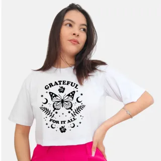 Moda Gringa Camiseta Cropped Larguinho - Grateful/BRANCO