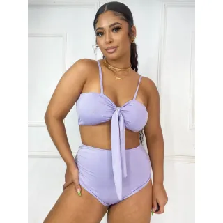 Feminino Biquíni Estampado Cintura Alta Laço Hot Pants CD033 - Listrado preto