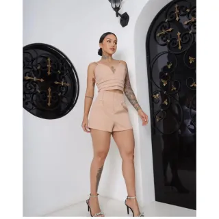 Conjunto croped e shorts alfaiataria com lastex e bolso - Azul